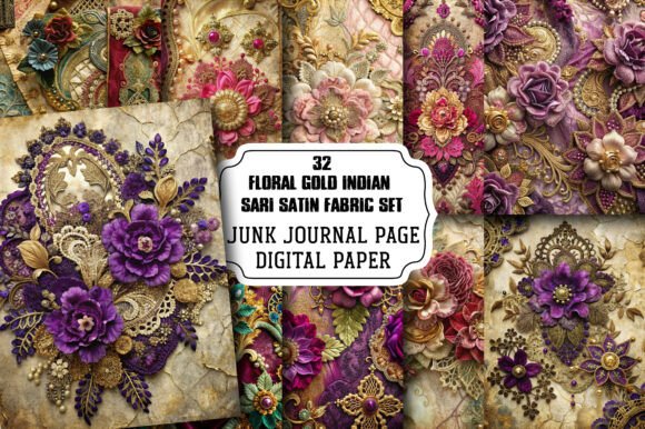 Download Floral Gold Indian Sari Satin Fabric Set - Floral Collection